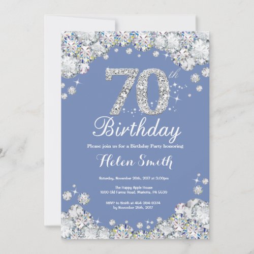 70th Birthday Blue and Silver Diamond Invitation