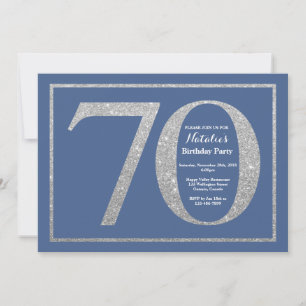 70th Birthday Blue and Silver Glitter Invitation