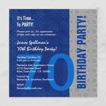 70th Birthday Blue And Silver Pattern Recycled Invitation by JaclinArt at Zazzle