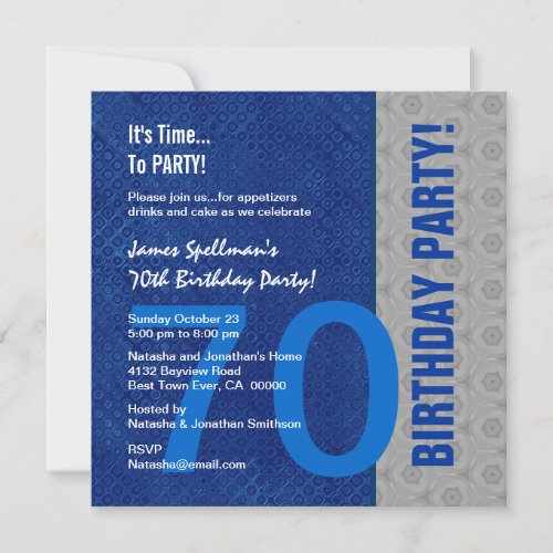 70th Birthday Blue and Silver Pattern Recycled Personalized Invite