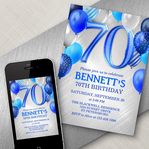 70th Birthday Blue Balloons Invitation