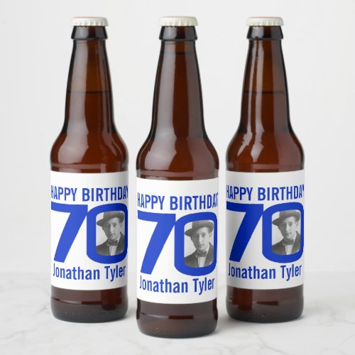 70th Birthday blue custom photo name label