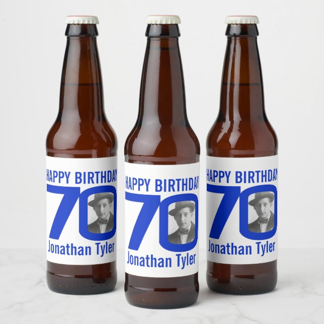 70th Birthday blue custom photo name label (Bottles)