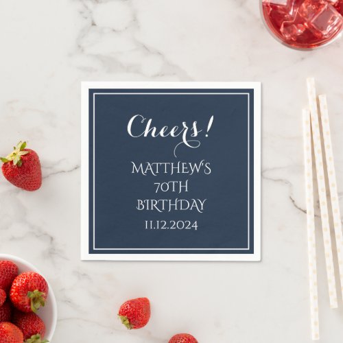 70th Birthday Blue Elegant Script Modern Cheers Napkins