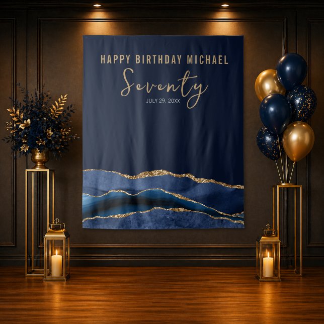 70th Birthday Blue Gold Agate Photo Backdrop (Elegant navy and gold 70th birthday backdrop with luxury side decor setup)