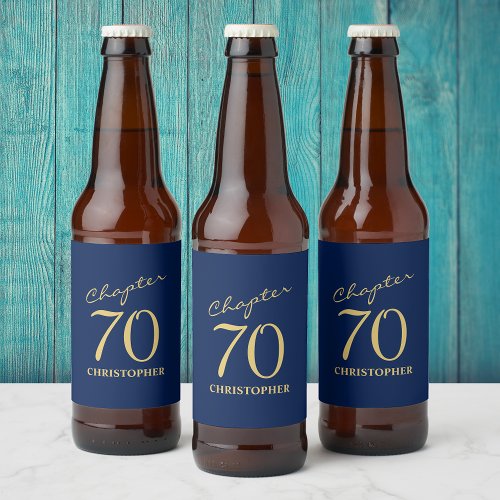 70th Birthday Blue Gold Beer Bottle Label