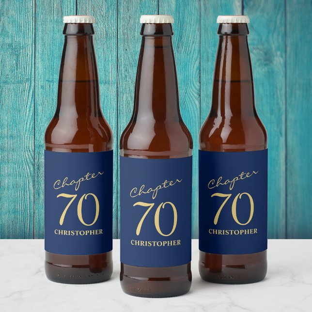 70th Birthday Blue Gold Beer Bottle Label (Creator Uploaded)