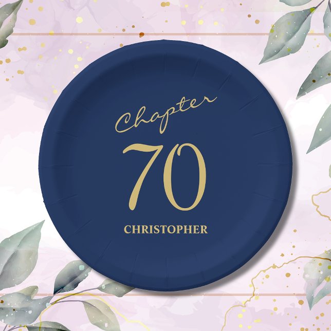 70th Birthday Blue Gold Chapter 70 Paper Plates (Make your loved one's 70th birthday celebration memorable with our stunning Blue Gold paper plates.)