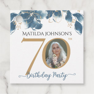 70th Birthday Blue Gold Modern Floral Custom Photo Favor Tags
