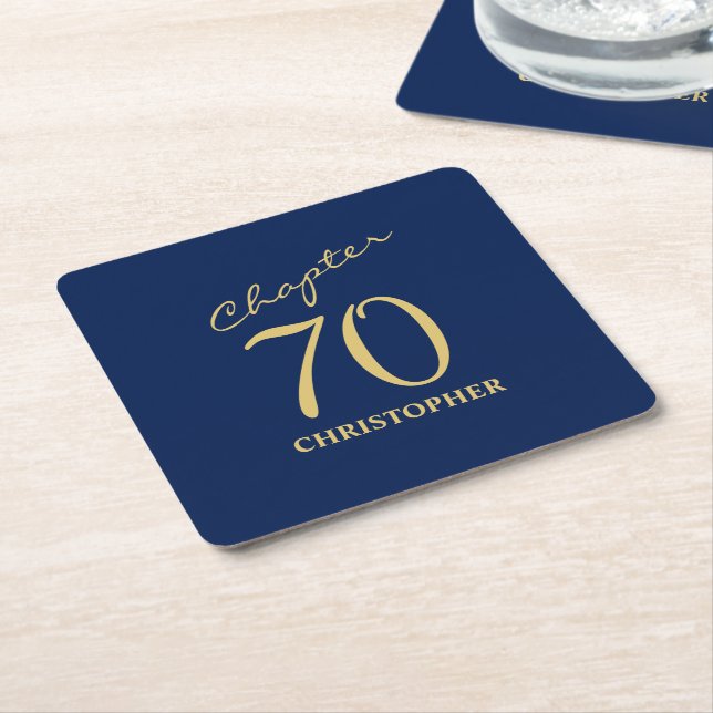 70th Birthday Blue Gold Square Paper Coaster (Angled)