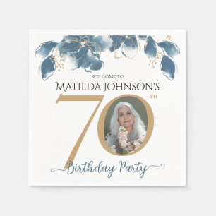 70th Birthday Blue Gold Watercolor Floral Photo Napkins