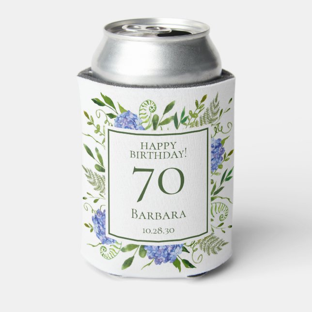 70th Birthday Blue Hydrangeas Can Cooler (Can Back)