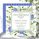70th Birthday Blue Hydrangeas Invitation<br><div class="desc">This blue hydrangea 70th birthday party/bunch invitation is whimsical and stunning! With its watercolor multi-hued blue hydrangeas, wispy natural greenery, and coordinating blue striped back it is perfect for any young woman you love. By selecting Personalize this template and typing in your information you can see your gorgeous invitations in...</div>