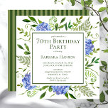 70th Birthday Blue Hydrangeas Invitation<br><div class="desc">This blue hydrangea 70th birthday party/brunch invitation is whimsical and stunning! With its watercolor multi-hued blue hydrangeas, wispy natural greenery, and coordinating green striped back it is perfect for any woman you love. By selecting Personalize this template and typing in your information you can see your gorgeous invitations in seconds!...</div>