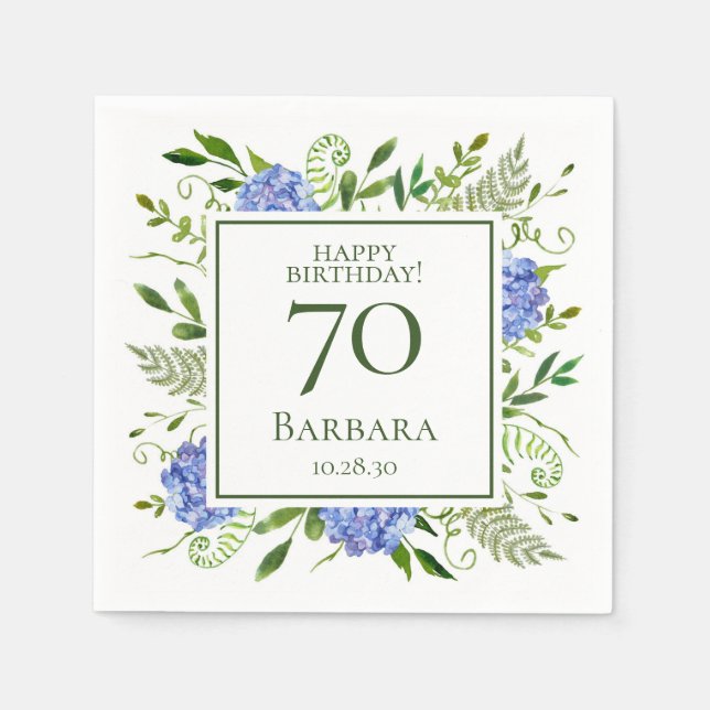 70th Birthday Blue Hydrangeas Napkins (Front)