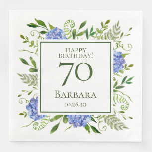 70th Birthday Blue Hydrangeas Paper Dinner Napkins