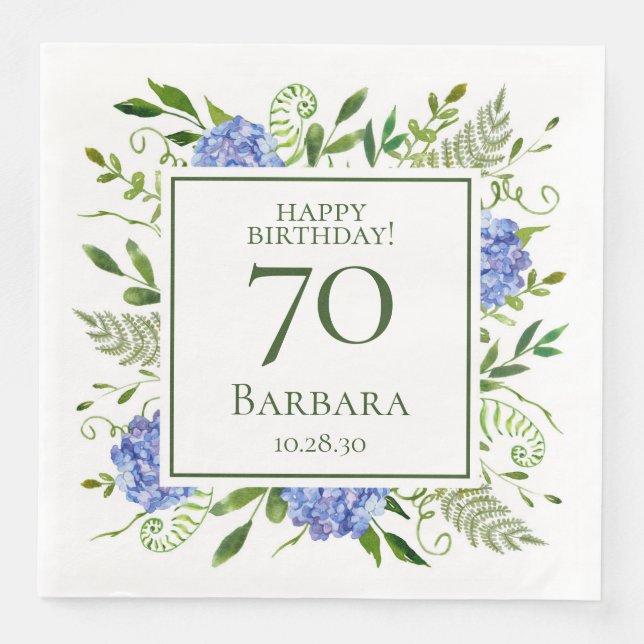 70th Birthday Blue Hydrangeas Paper Dinner Napkins (Front)