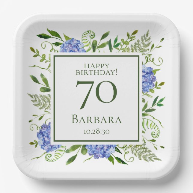 70th Birthday Blue Hydrangeas Paper Plates (Front)