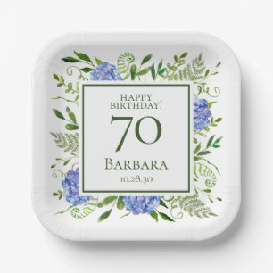 70th Birthday Blue Hydrangeas Paper Plates