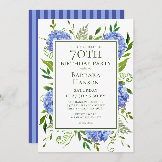 70th Birthday Blue Hydrangeas Surprise Party Invitation (Front/Back)