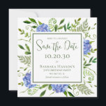 70th Birthday Blue Hydrangeas Surprise Party Save The Date<br><div class="desc">This stunning blue hydrangeas 70th birthday surprise party save the date card is perfect for letting guests know to set aside the date of your or your loved one's birthday celebration. With its watercolor multi-hued blue hydrangeas, wispy natural greenery, and coordinating blue striped back it is ideal for celebrating your...</div>