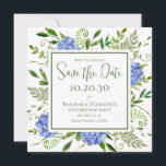 70th Birthday Blue Hydrangeas Surprise Party Save The Date<br><div class="desc">This stunning blue hydrangeas 70th birthday surprise party save the date card is perfect for letting guests know to set aside the date of your or your loved one's birthday celebration. With its watercolor multi-hued blue hydrangeas, wispy natural greenery, and coordinating blue striped back it is ideal for celebrating your...</div>