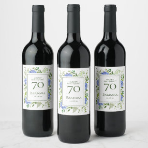 70th Birthday Blue Hydrangeas Wine Label