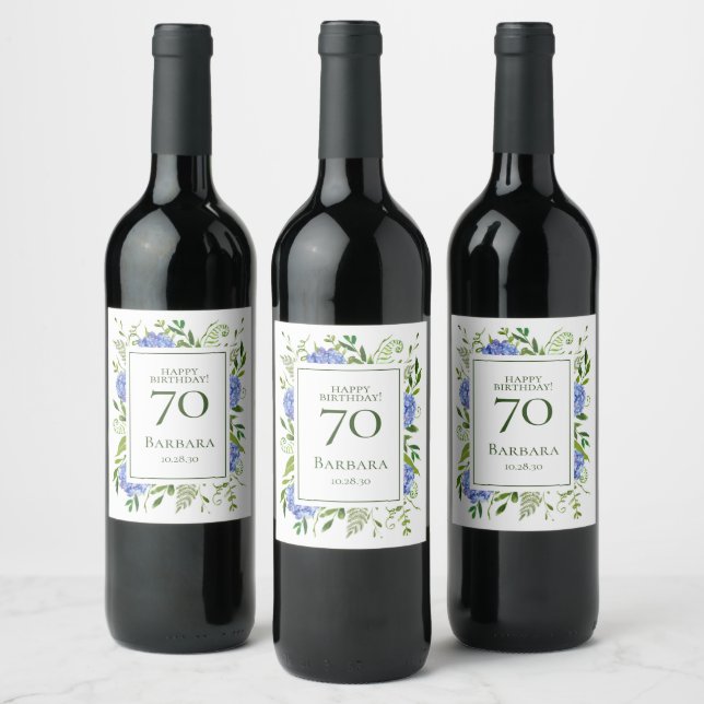 70th Birthday Blue Hydrangeas Wine Label (Bottles)
