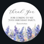 70th Birthday Blue July Birth Flower Custom Flat Classic Round Sticker<br><div class="desc">Elegant blue larkspur flowers create a pretty thank you sticker. Larkspur or delphinium wildflowers are the July Birth Flower, so this is a perfect floral design for a July birthday. Open and airy script spells thank you. Two lines of text let you personalize a thank you statement and your name....</div>