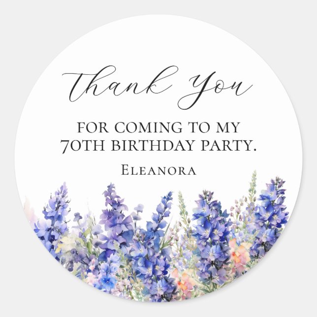 70th Birthday Blue July Birth Flower Custom Flat Classic Round Sticker (Front)