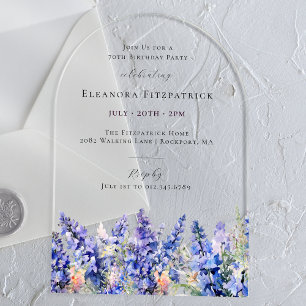 70th Birthday Blue Larkspur July Birth Flower Arch Acrylic Invitations