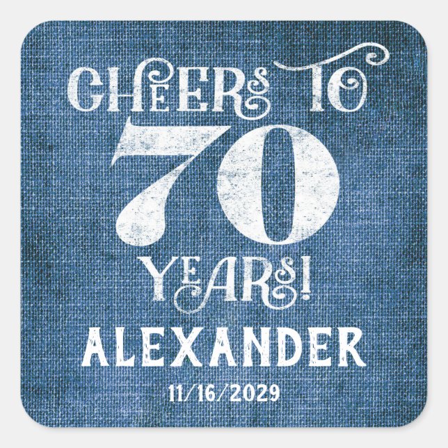 70th Birthday Blue Linen Thank You Favor Stickers (Front)
