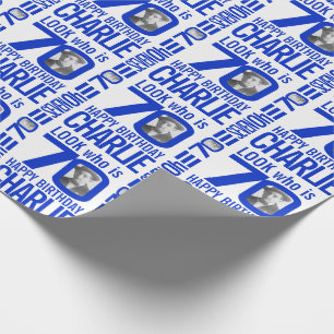 70th birthday blue look 70 custom photo and name wrapping paper
