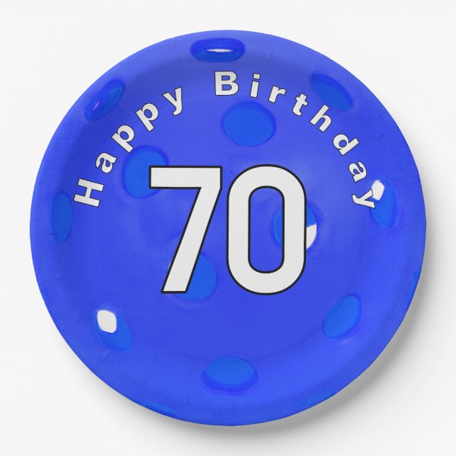 70th Birthday Blue Pickleball Paper Plates (Front)