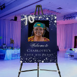 70th Birthday blue silver stars photo welcome Foam Board<br><div class="desc">A welcome board for a 70th birthday party.  A navy blue background with elegant faux silver stars. The blue color is uneven.  Personalize and add a photo,  name and text.  White letters. 
Back: no design</div>