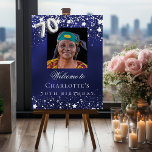 70th Birthday blue silver stars photo welcome Foam Board<br><div class="desc">A welcome board for a 70th birthday party.  A navy blue background with elegant faux silver stars. The blue color is uneven.  Personalize and add a photo,  name and text.  White letters. 
Back: no design</div>