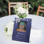 70th Birthday blue silver stars photo welcome Pedestal Sign<br><div class="desc">A welcome sign for a 70th birthday party.  A navy blue background with elegant faux silver stars. The blue color is uneven.  Personalize and add a photo,  name and text.  White letters. 
Back: no design</div>
