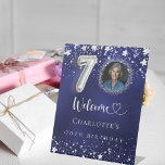 70th Birthday blue silver stars photo welcome Pedestal Sign<br><div class="desc">A welcome sign for a 70th birthday party.  A navy blue background with elegant faux silver stars. The blue color is uneven.  Personalize and add a photo,  name and text.  White letters.</div>