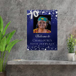 70th Birthday blue silver stars photo welcome Poster<br><div class="desc">A welcome poster for a 70th birthday party.  A navy blue background with elegant faux silver stars. The blue color is uneven.  Personalize and add a photo,  name and text.  White letters.</div>