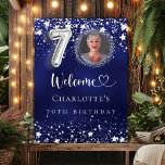 70th Birthday blue silver stars photo welcome Poster<br><div class="desc">A welcome poster for a 70th birthday party.  A navy blue background with elegant faux silver stars. The blue color is uneven.  Personalize and add a photo,  name and text.  White letters.</div>