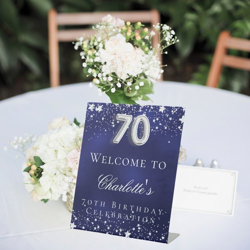 70th Birthday blue silver stars welcome party Pedestal Sign