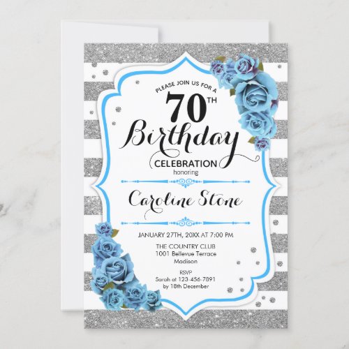 70th Birthday _ Blue Silver White Stripes Invitation