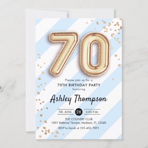 70th Birthday _ Blue Stripes Gold Balloons Invitation