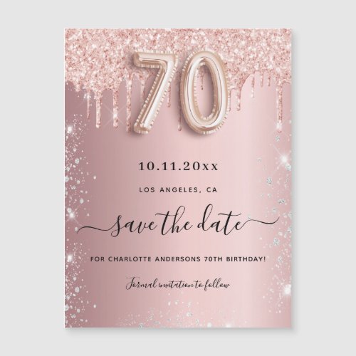 70th birthday blush glitter save the date magnet
