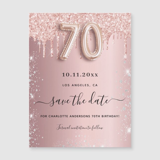 70th birthday blush glitter save the date magnet (Front)