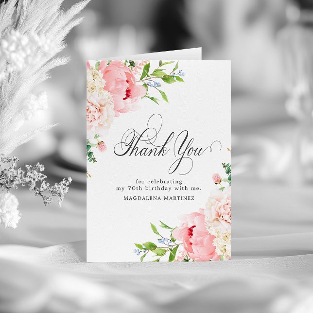 70th Birthday Blush Pink Peony Floral Folded Thank You Card (Creator Uploaded)