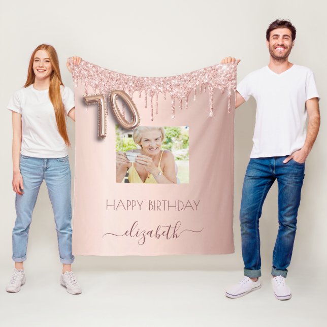70th birthday blush rose gold glitter drips photo fleece blanket (In Situ)