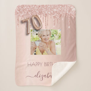 70th birthday blush rose gold glitter photo  sherpa blanket