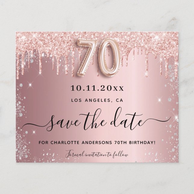 70th birthday blush silver budget save the date flyer (Front)