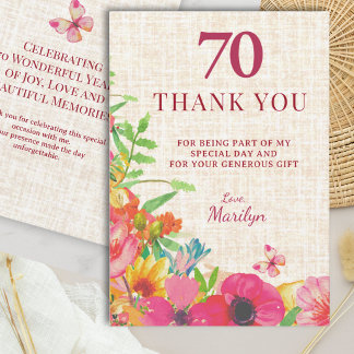 70th Birthday Bold Floral Linen Appreciation Thank You Card